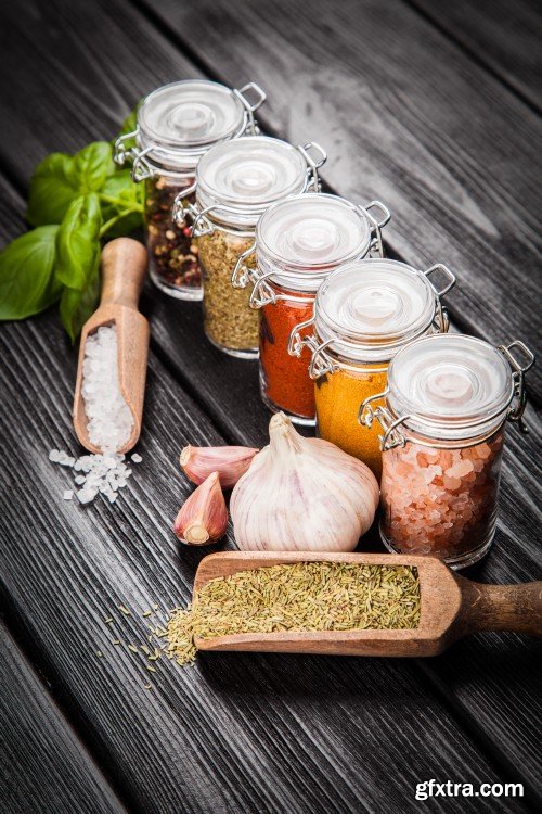 Set of spices on a wooden background