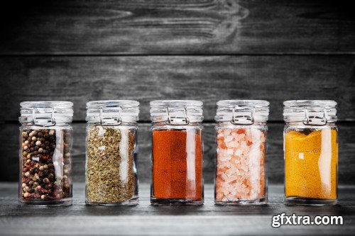 Set of spices on a wooden background