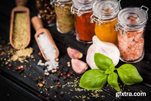 Set of spices on a wooden background