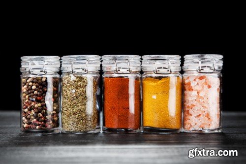 Set of spices on a wooden background