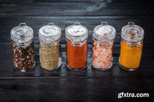 Set of spices on a wooden background