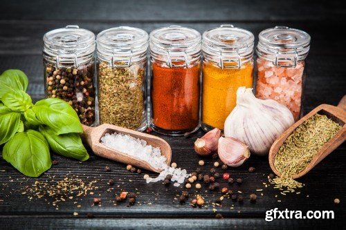 Set of spices on a wooden background