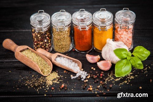 Set of spices on a wooden background