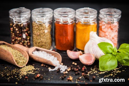 Set of spices on a wooden background