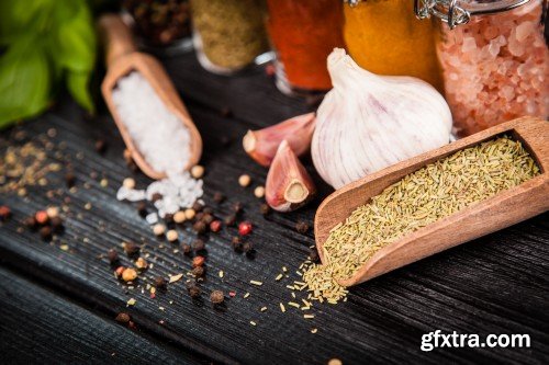 Set of spices on a wooden background