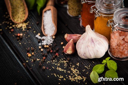 Set of spices on a wooden background