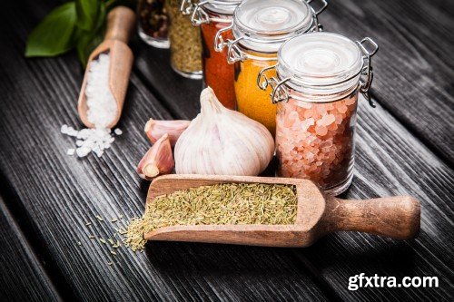 Set of spices on a wooden background