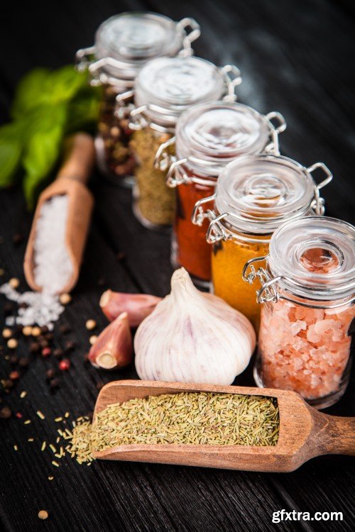 Set of spices on a wooden background