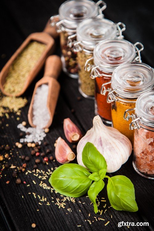 Set of spices on a wooden background