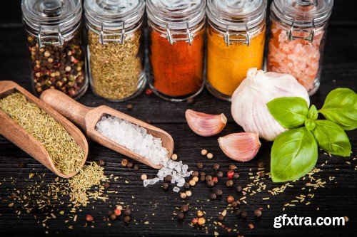 Set of spices on a wooden background