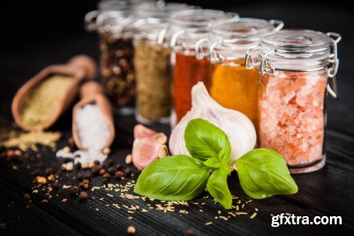 Set of spices on a wooden background