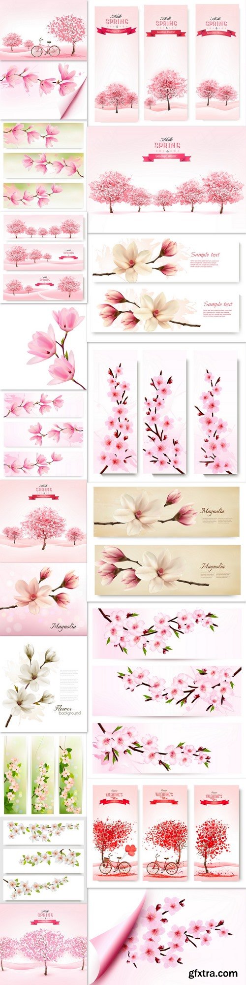 Three spring banners with pink cherry blossom trees