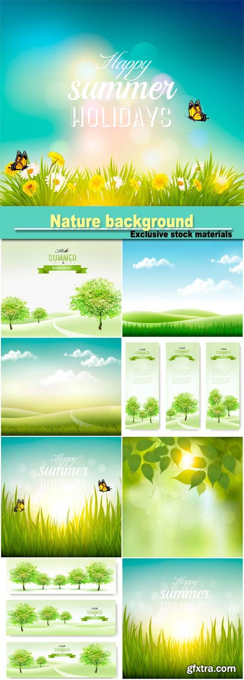 Nature background with green grass and blue sky