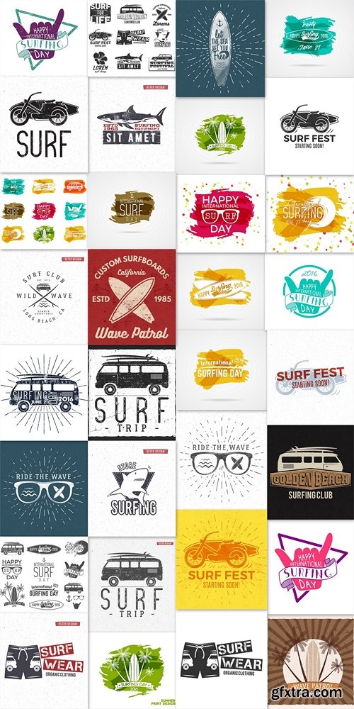 Surfer party badge with surf symbols - beach glasses. Best for web design or print on t-shirt