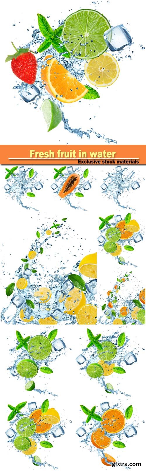 Fresh fruit in water splash over white