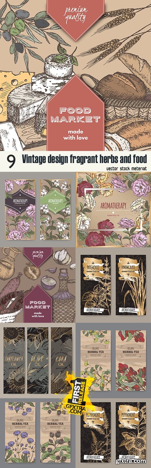 Vintage design fragrant herbs and food