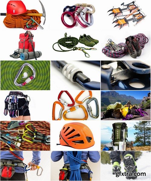 Collection of mountaineering gear carabiner rope shoes ice ax helmet mount 25 HQ Jpeg