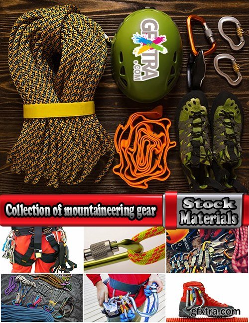 Collection of mountaineering gear carabiner rope shoes ice ax helmet mount 25 HQ Jpeg