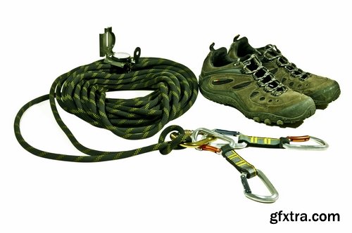 Collection of mountaineering gear carabiner rope shoes ice ax helmet mount 25 HQ Jpeg