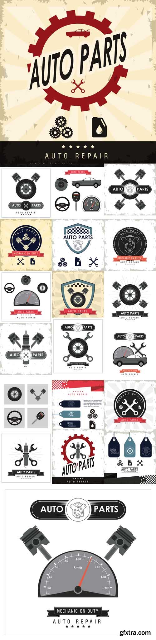 Vector Set - Macine and Wheel icon. Auto Part Design