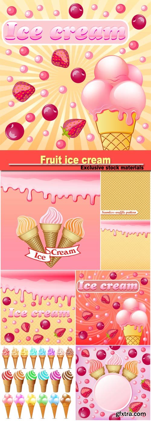 Illustration background with the influx of strawberry cream and with a set of fruit ice cream with a ribbon