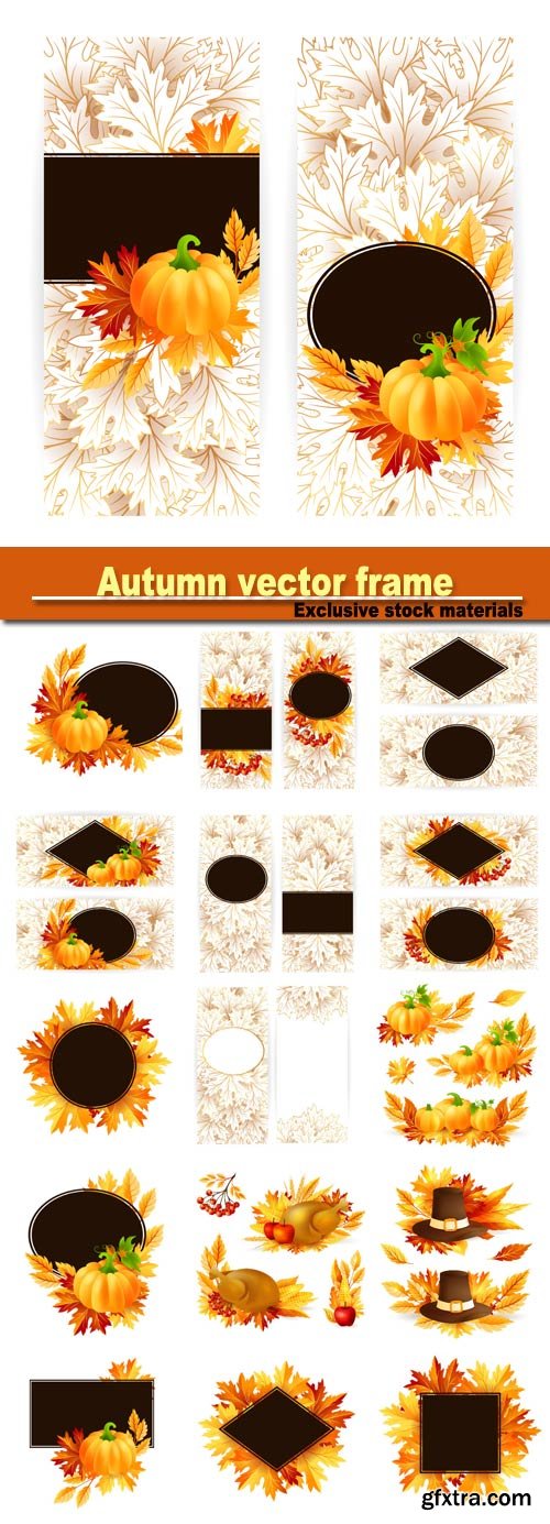 Autumn vector frame with leaves and mountain ash, pumpkin