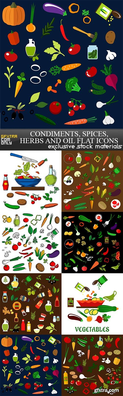 Condiments, spices, herbs and oil flat icons, 8 x EPS