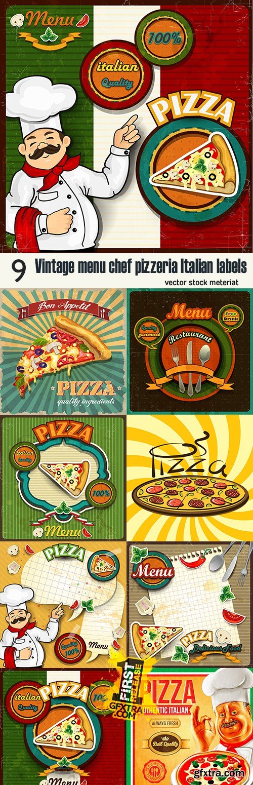 Vintage menu chef pizzeria Italian labels