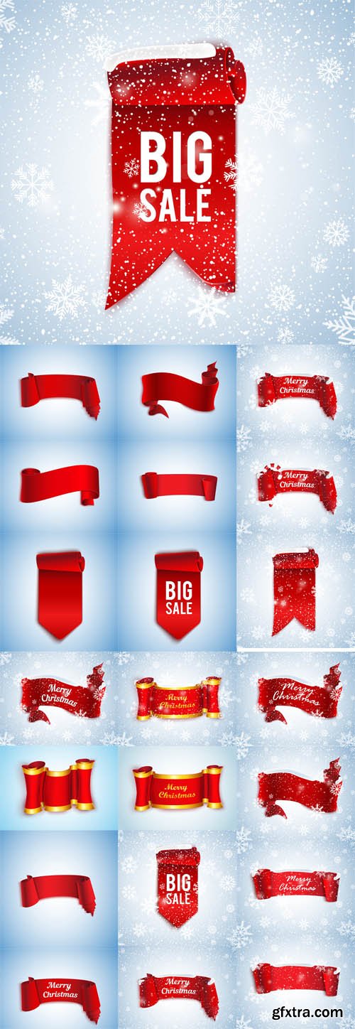 Vector Set - Red Realistic Detailed Curved Paper Merry Christmas