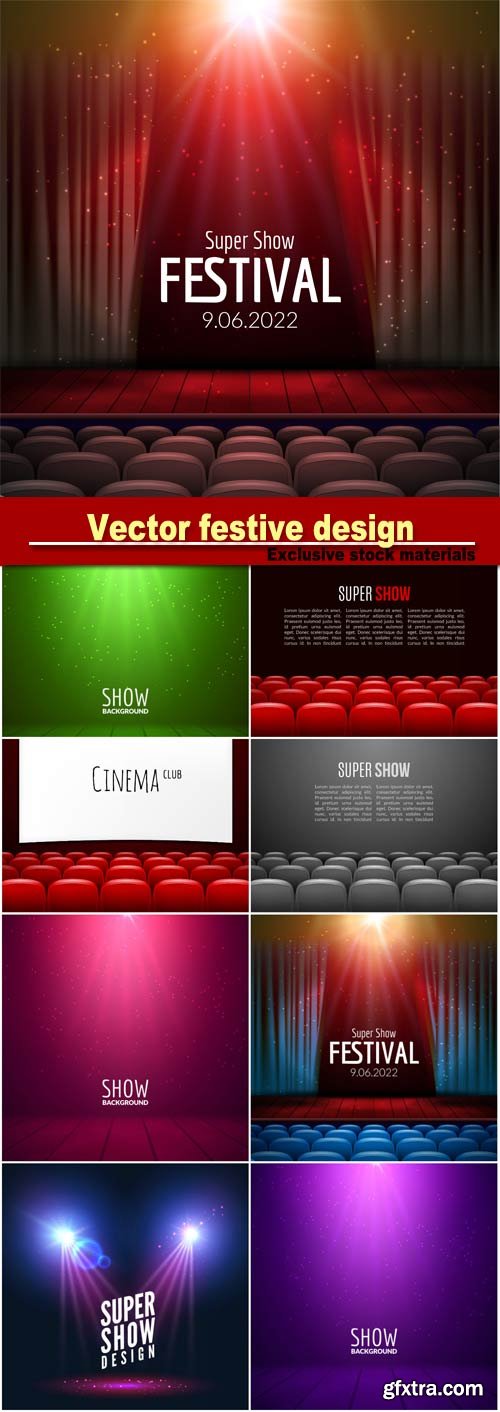 Vector festive design with lights and wooden scene and seats, poster for concert, party