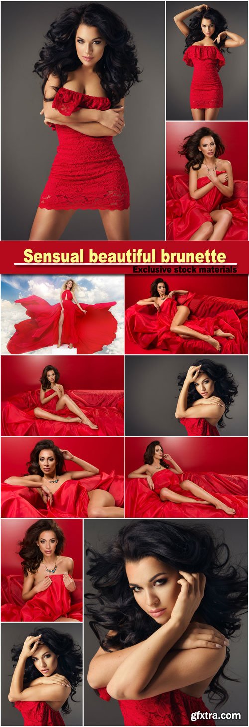 Sensual beautiful brunette woman posing in red dress, girl with long curly hair