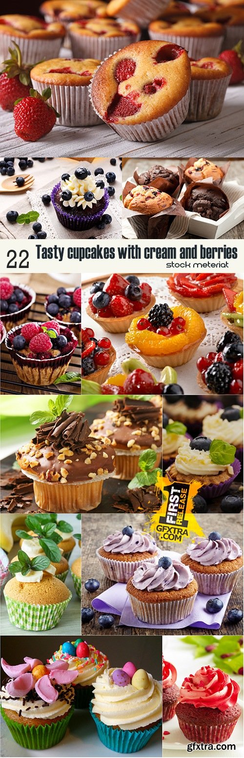 Tasty cupcakes with cream and berries