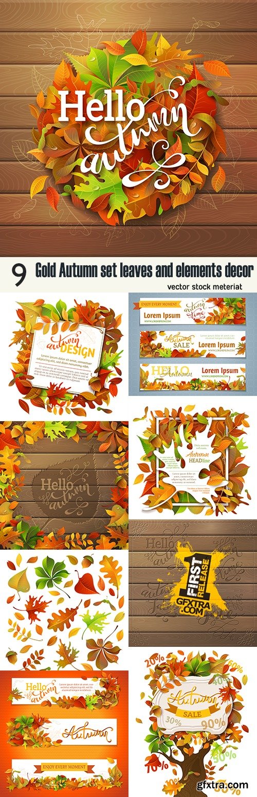 Gold Autumn set leaves and elements decor