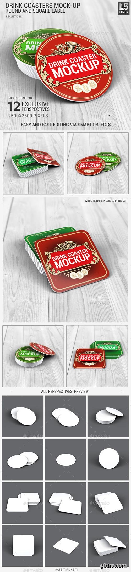 GraphicRiver - Drink Coasters Round and Square Label Mock-Up 11626189