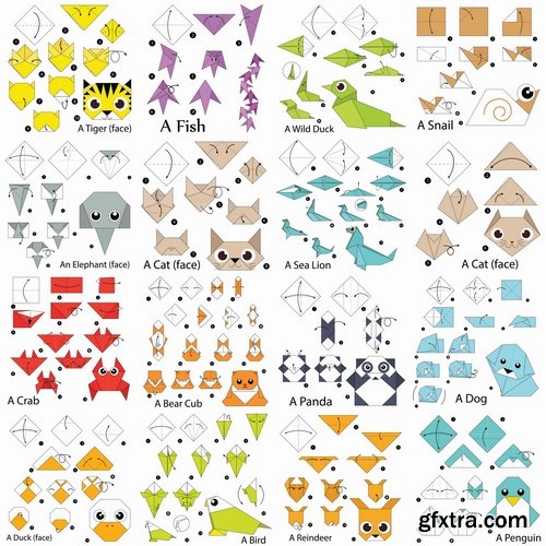 Collection of origami animal for cutting and folding paper 25 EPS