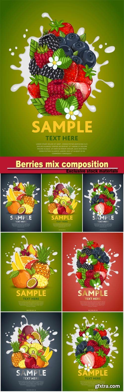 Berries mix composition in milk splash vector illustration