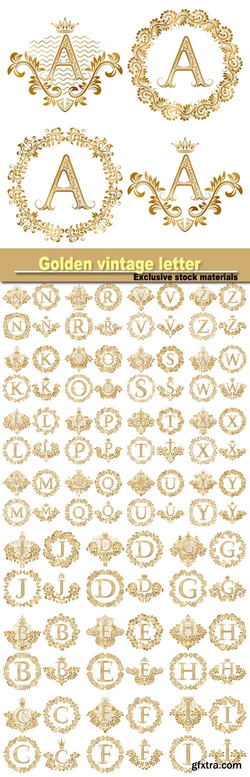 Golden letter, vintage monograms set, heraldic monogram in floral decoration with crown