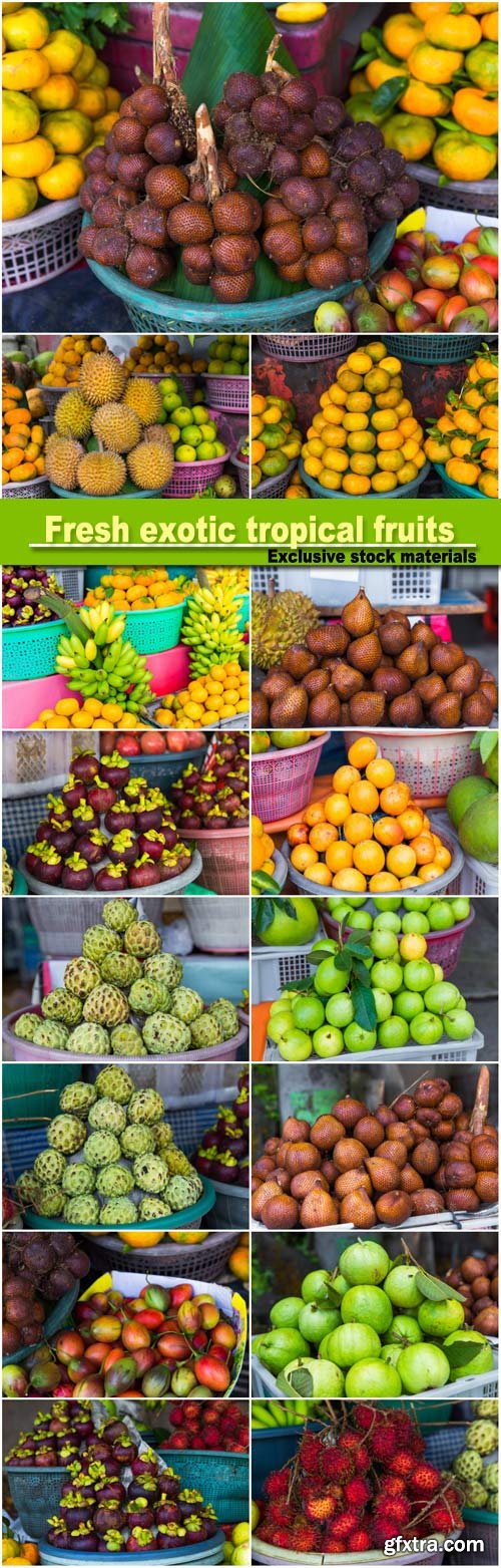 Fresh exotic tropical fruits for sale at an outdoor market, durians, mandarins, lemons