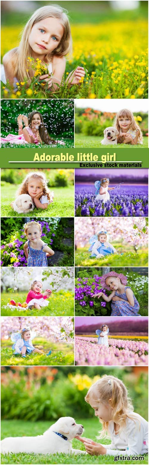 Adorable little girl on the nature, girl with a small dog