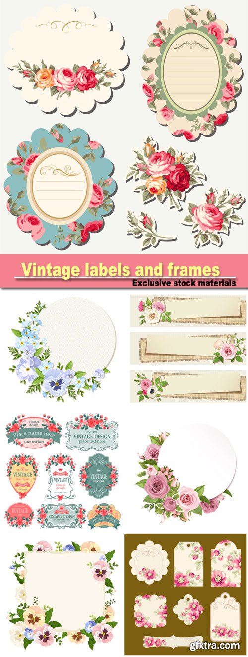 Vintage labels and frames with flowers