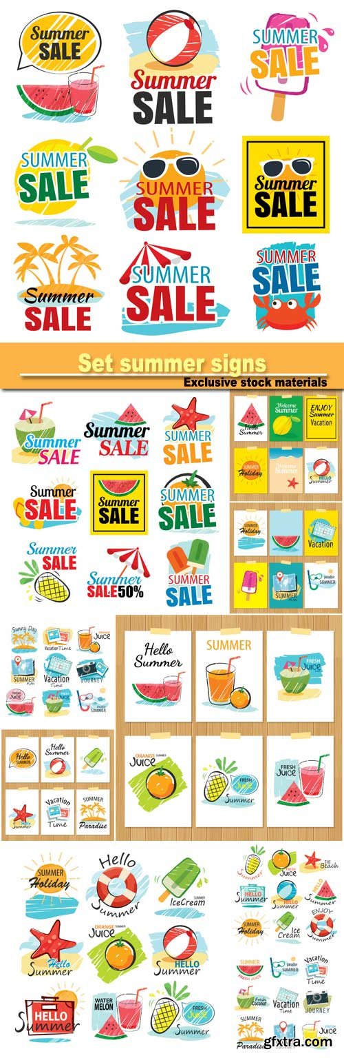 Set of hand drawn summer signs and banners, graphic for summer holiday