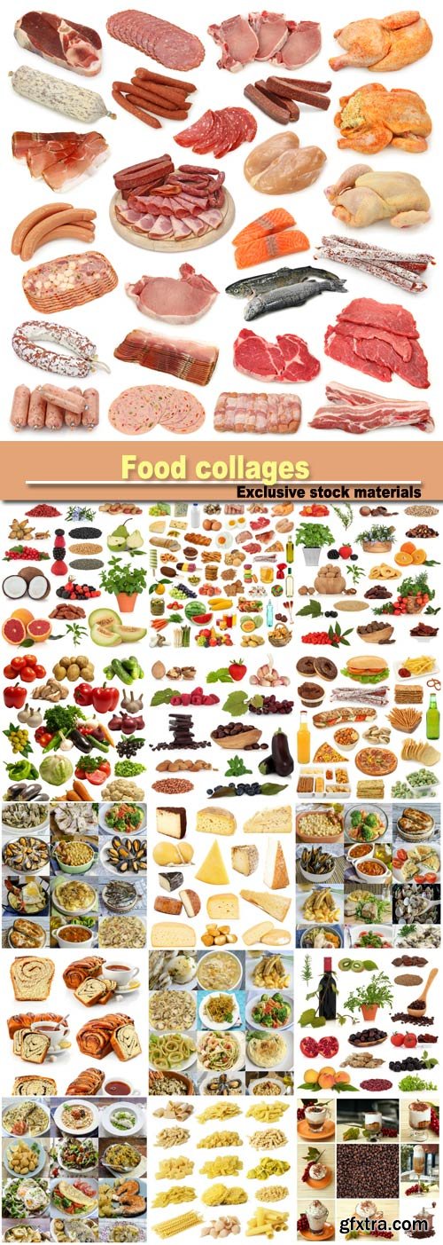 Food collages: meat, vegetables, seafood, dairy products