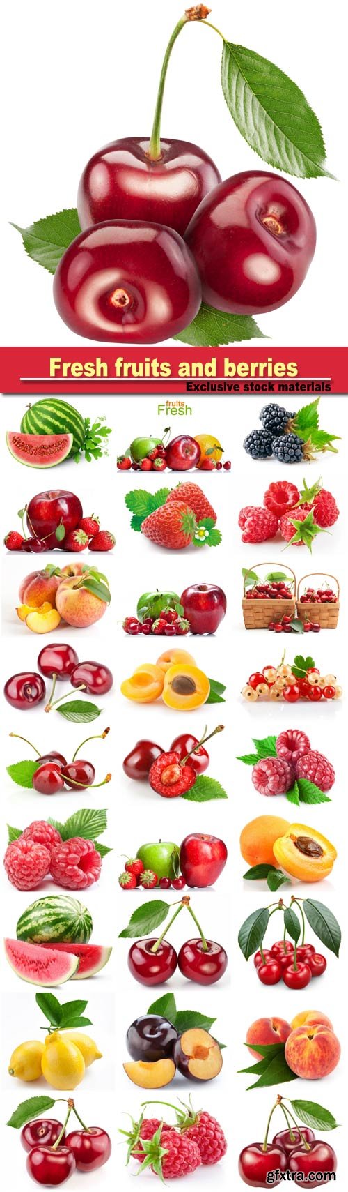 Fresh fruits and berries: raspberries, strawberries, peaches, apricots, cherries