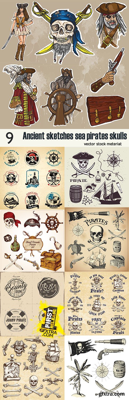 Ancient sketches sea pirates skulls