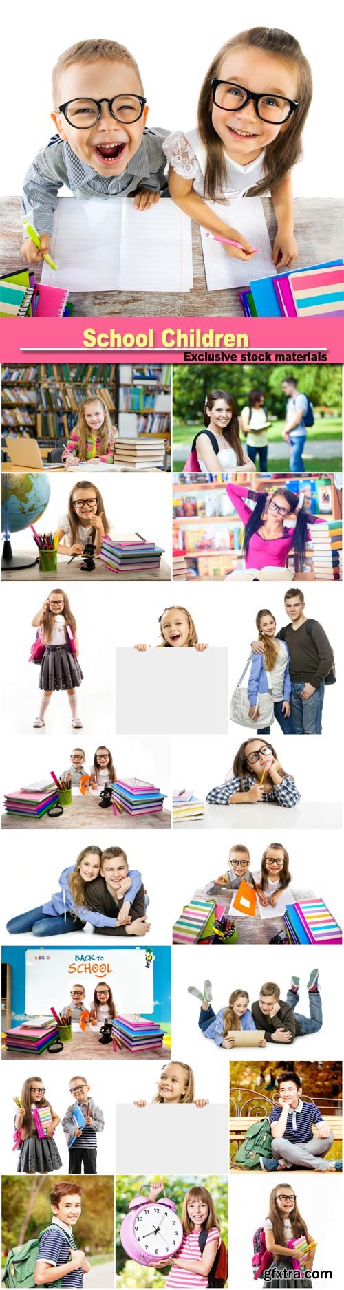 School Children, student with glasses reading books in the library