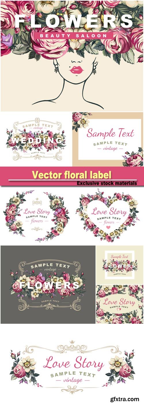 Vector floral label with a frame composed of detailed flowers illustrations