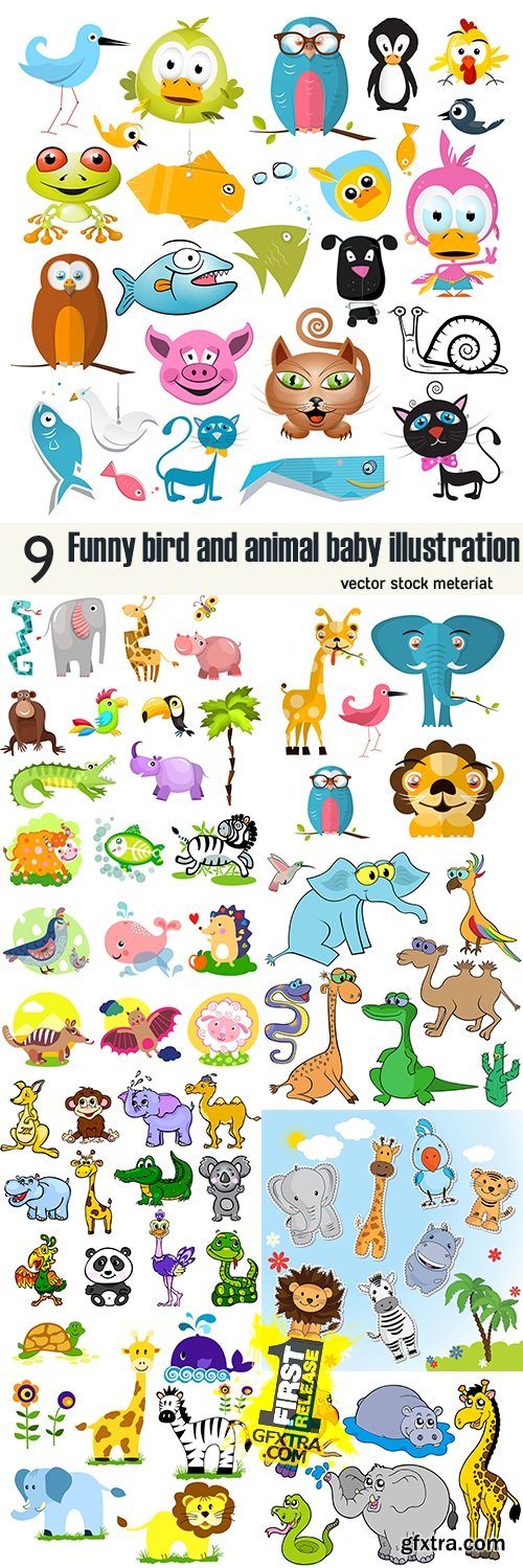 Funny bird and animal baby illustration