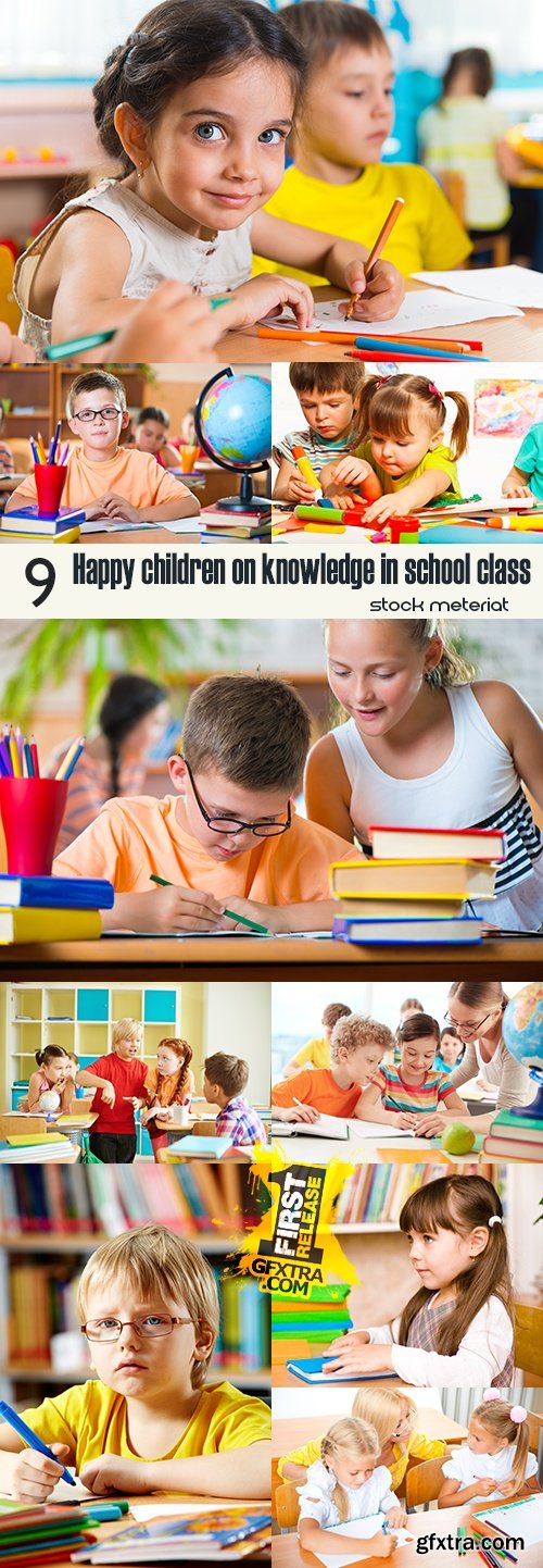 Happy children on knowledge in school class