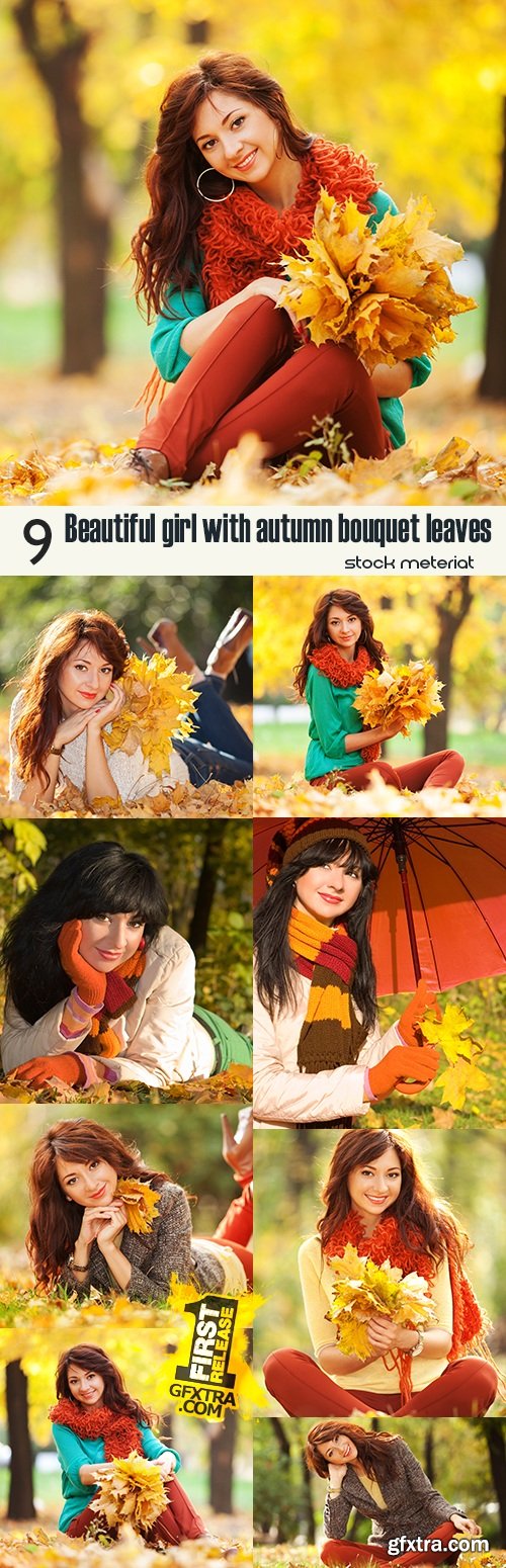 Beautiful girl with autumn bouquet leaves