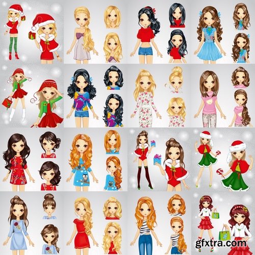 Collection female girl cartoon character in different clothes hairstyle 25 EPS